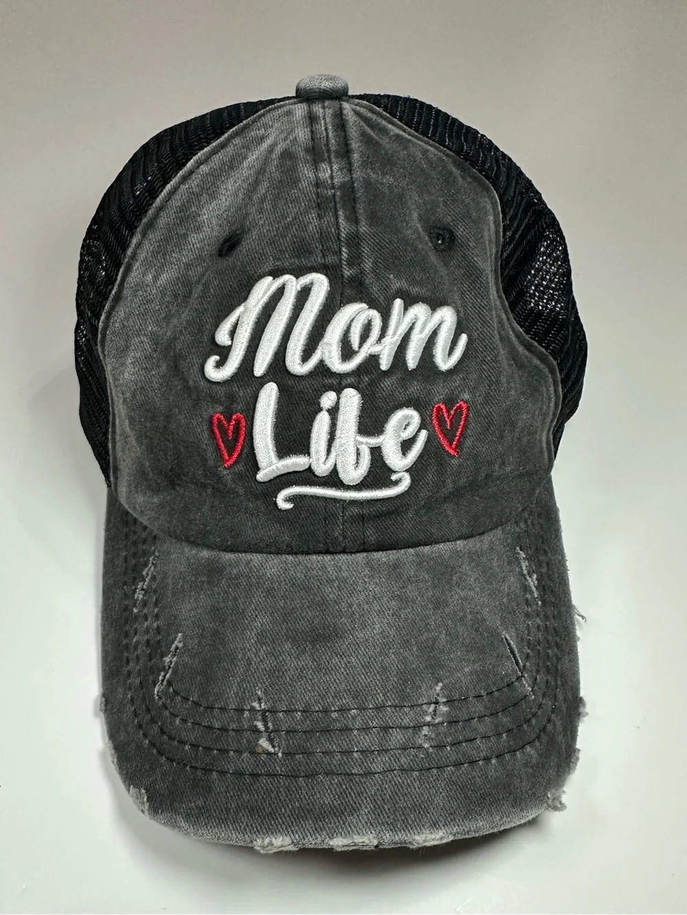 MOM LIFE DISTRESSED TRUCKER HAT WOMEN’S PONYTAIL CAP GRAY BLACK MESH ADJUSTABLE